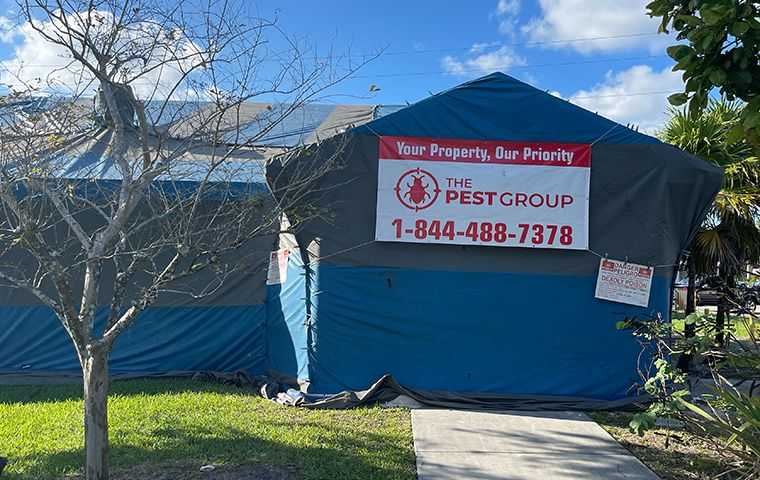 a blue and gray fumigation tent with the pest group logo